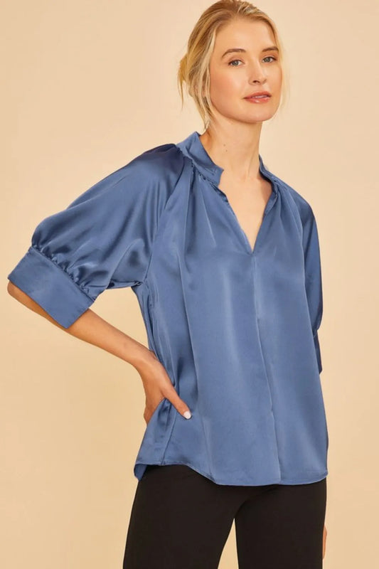 Image of Annie Wear Satin V Neck Open Short Sleeve Woven Blouse Top | Queeble.shop