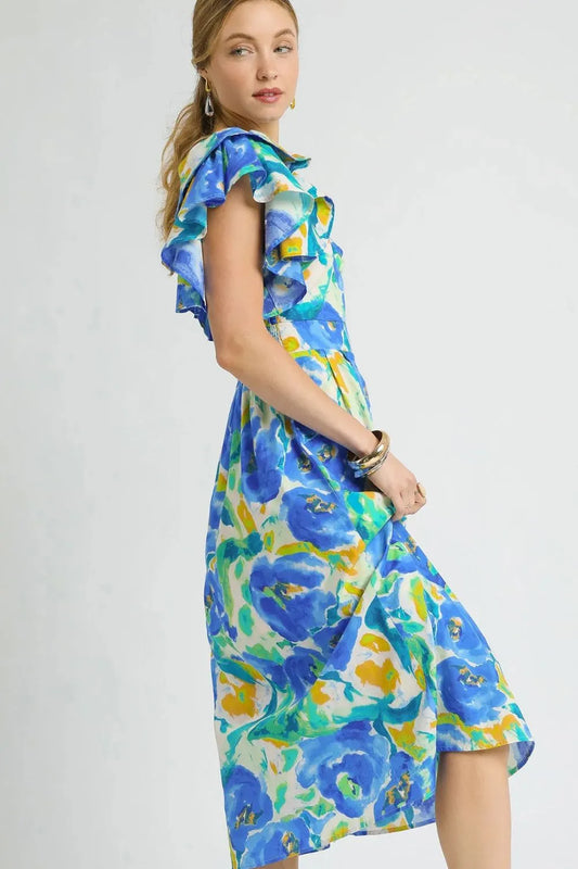 Image of Umgee Floral Ruffled Cap Sleeve Midi Dress | Queeble.shop