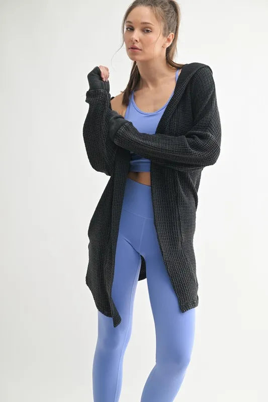Image of MONO B Chunky Waffle Mineral Wash Hooded Open Cardigan | Queeble.shop