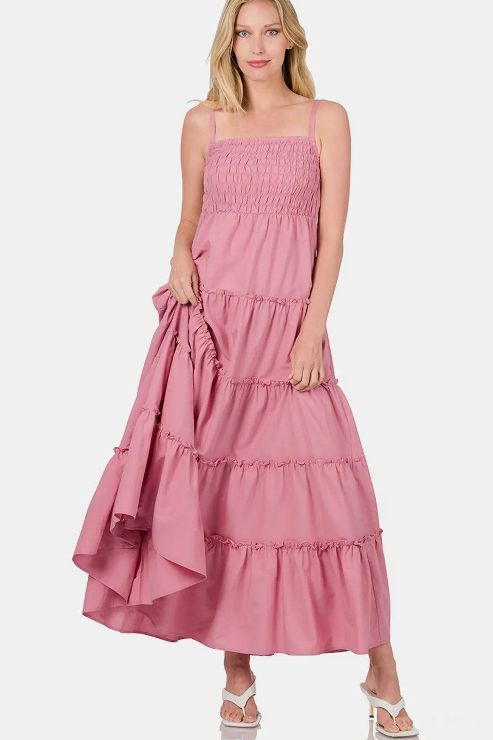 Image of Zenana Woven Smocked Tiered Cami Maxi Dress | Queeble.shop