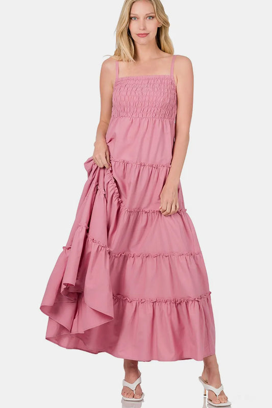 Image of Zenana Woven Smocked Tiered Cami Maxi Dress | Queeble.shop