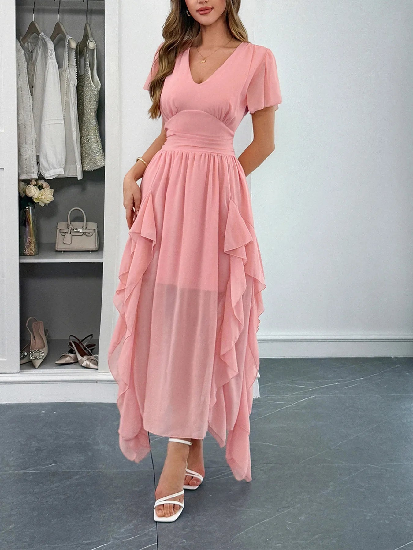 Image of V-Neck Flutter Sleeve Dress | Queeble.shop