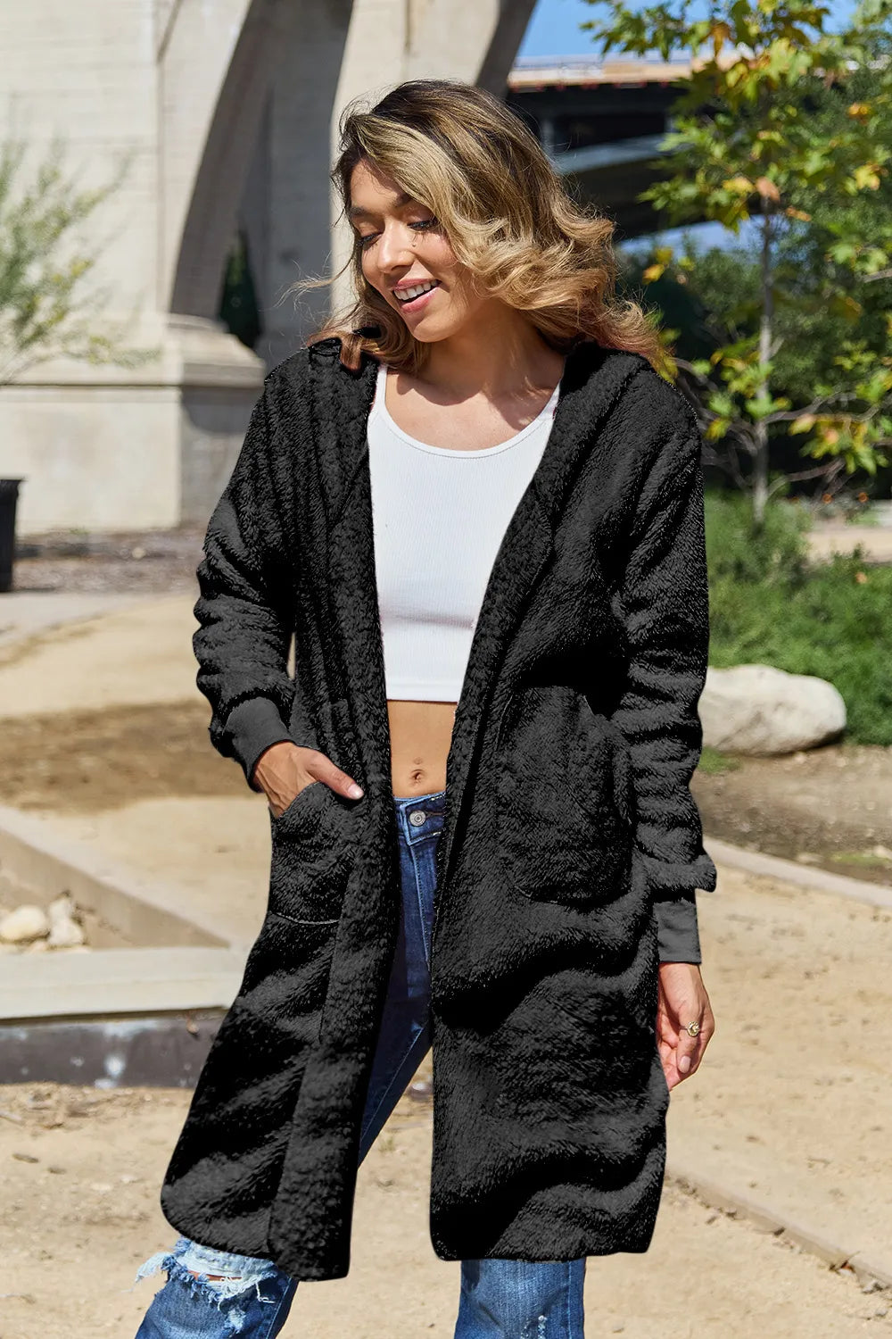 Image of Double Take Full Size Hooded Teddy Bear Jacket with Thumbholes | Queeble.shop