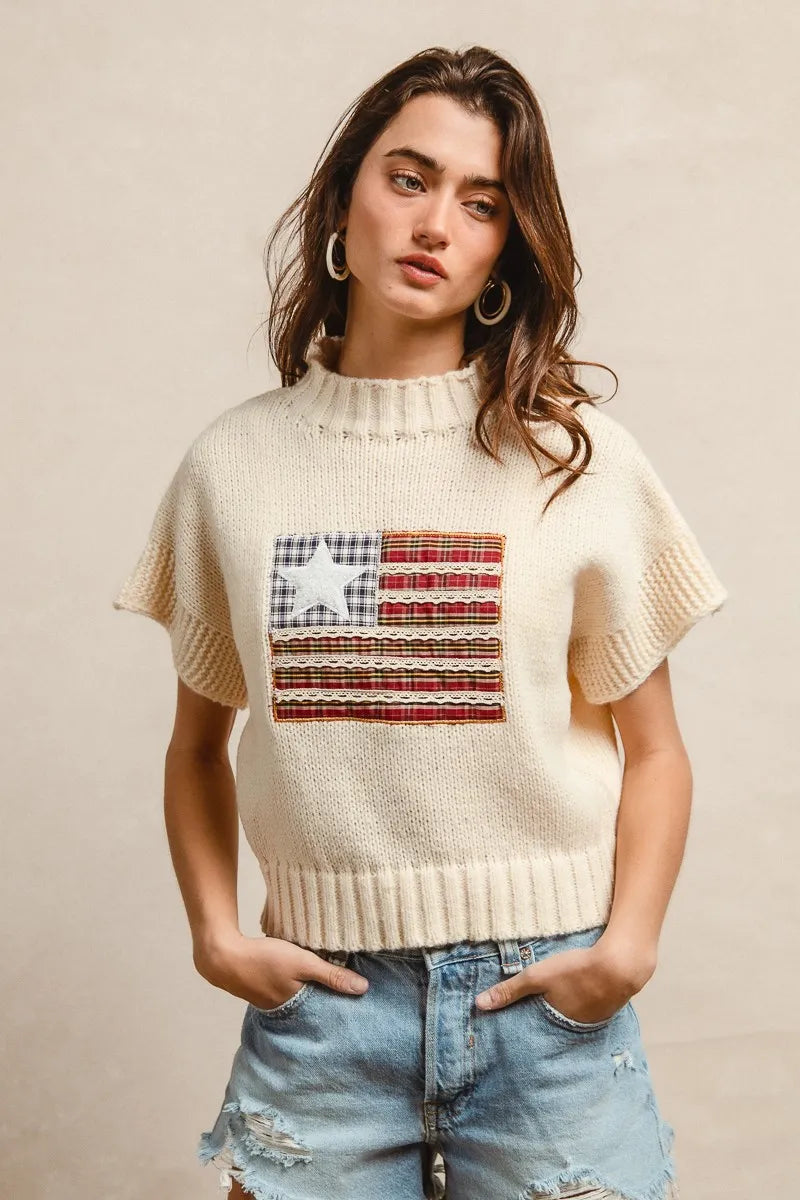Image of BiBi American Flag Patchwork Drop Shoulder Sweater | Queeble.shop
