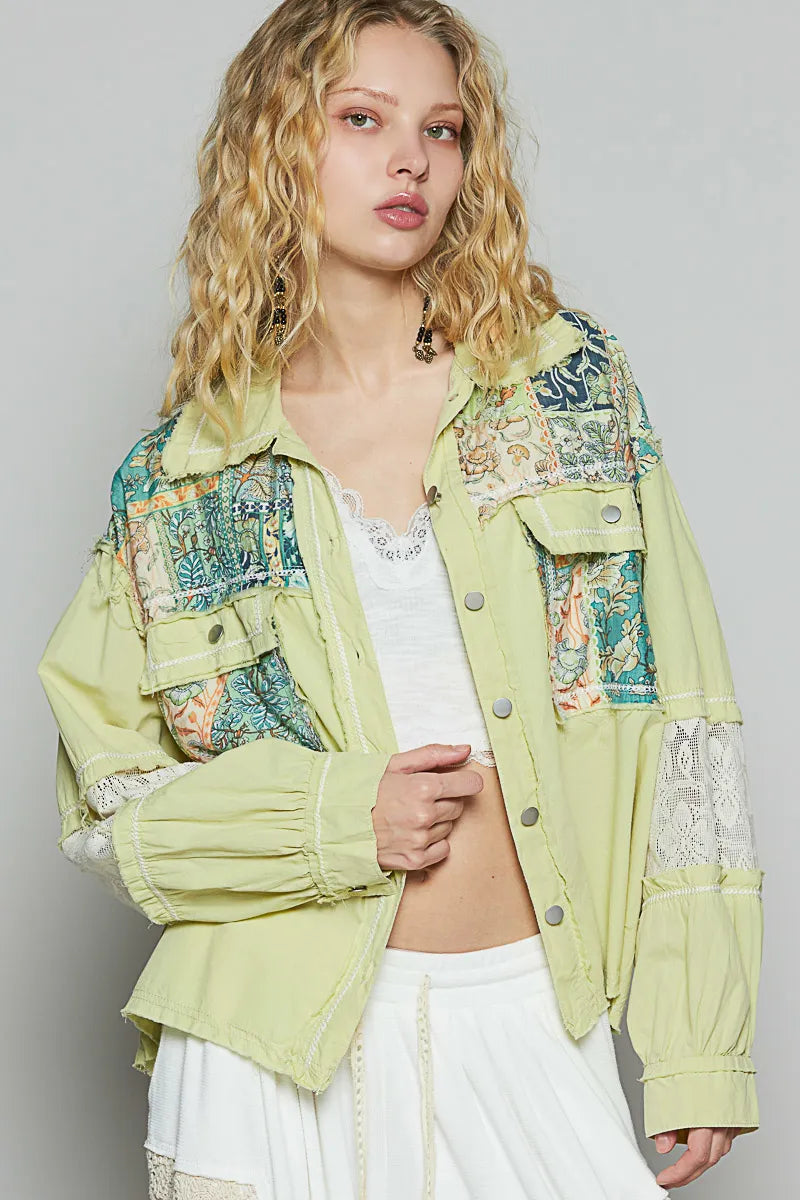 Image of POL Printed Woven Mix Raw Hem Jacket with Lace Detail | Queeble.shop