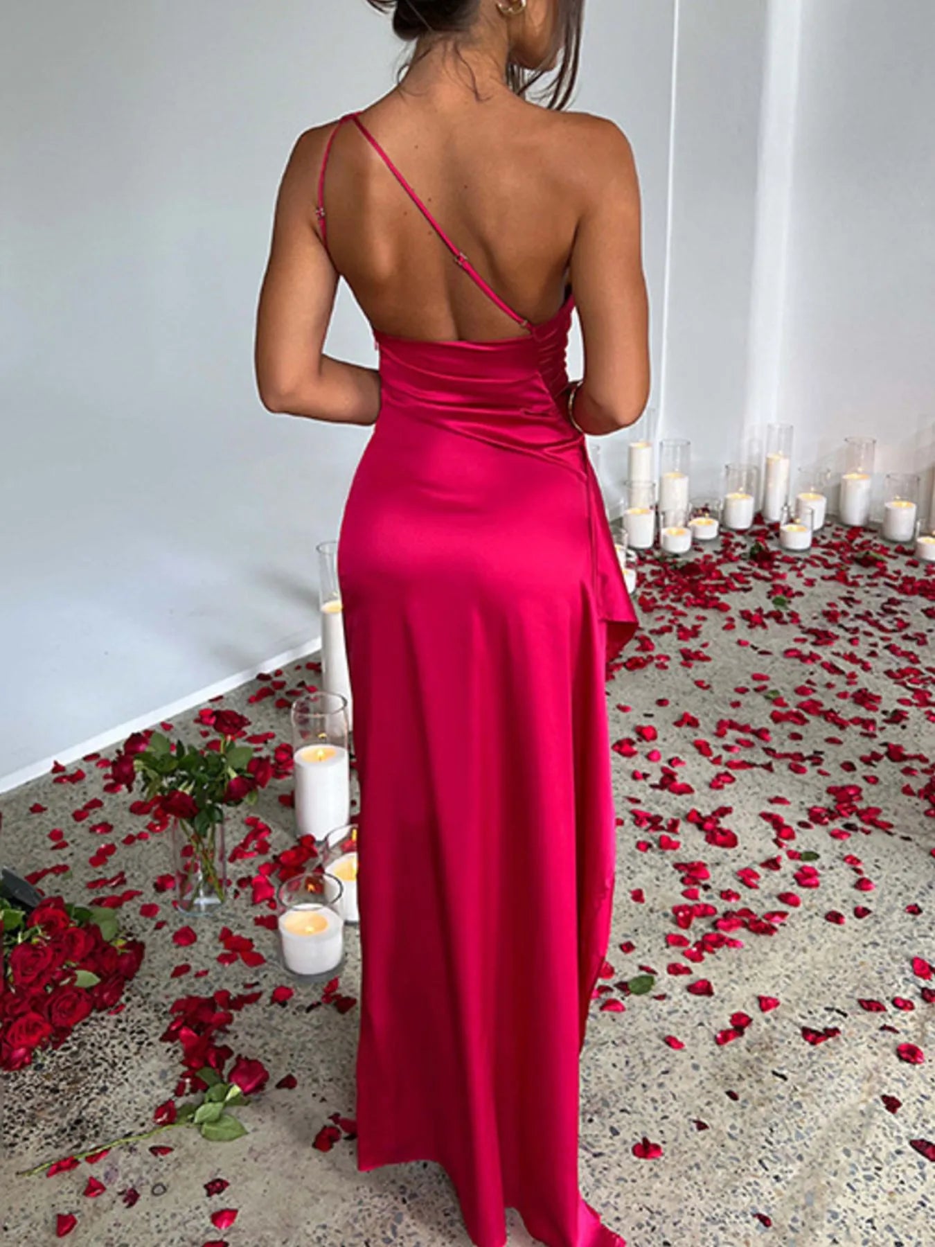 Image of One Shoulder Satin Dress with High Slit | Queeble.shop