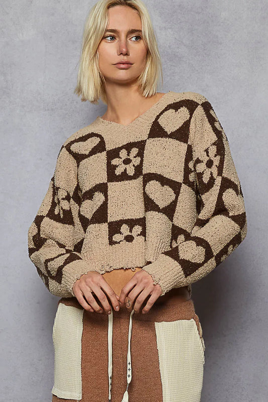 Image of POL V-Neck Heart Pattern Checkered Sweater | Queeble.shop