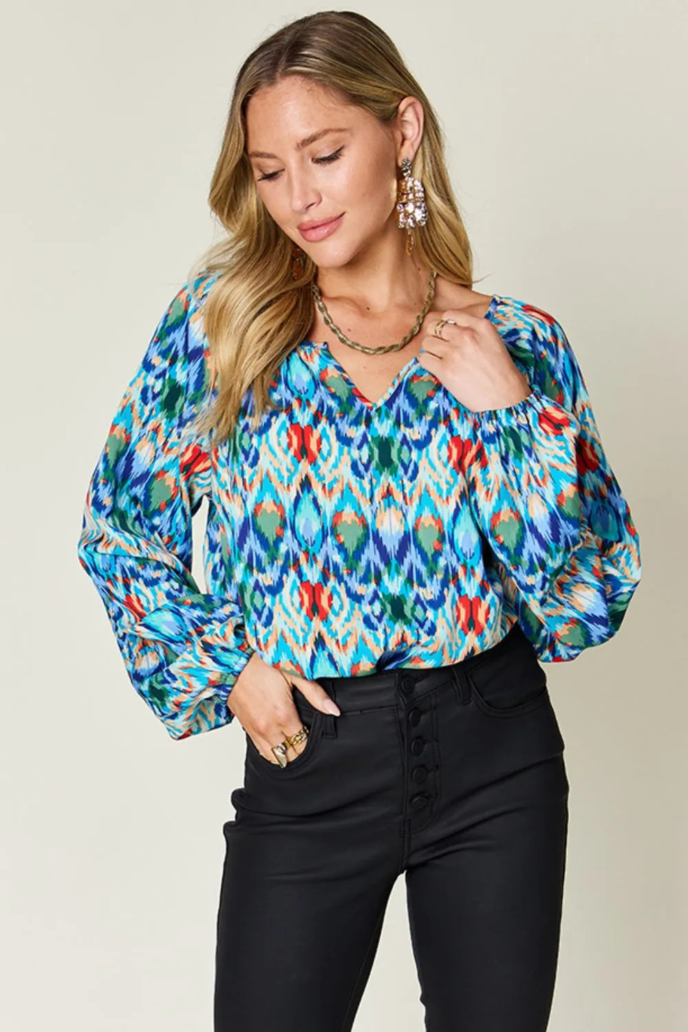 Image of Double Take Full Size Printed Balloon Sleeve Blouse | Queeble.shop