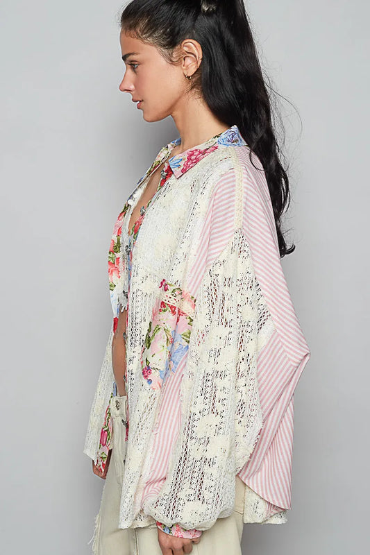 Image of POL Lace Long Sleeve Shirt with Floral and Striped Pattern | Queeble.shop