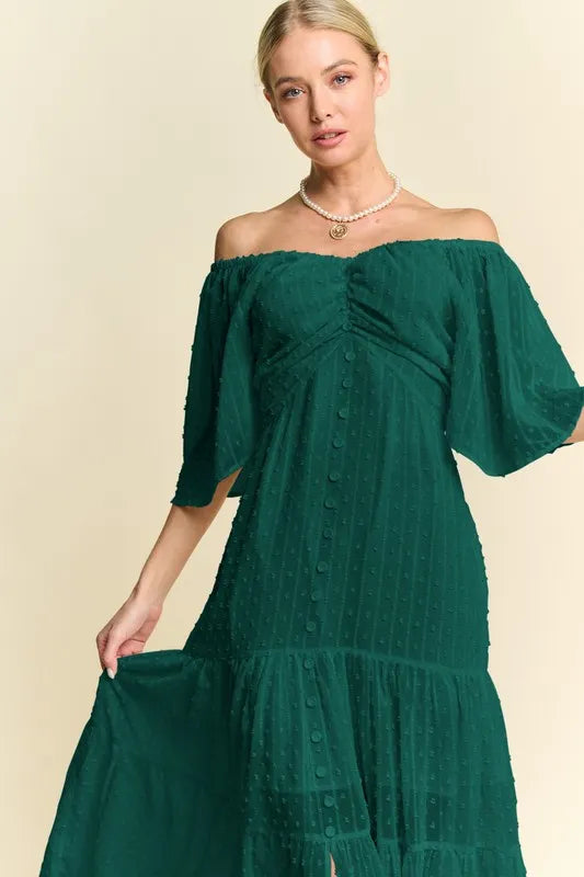 Image of Davi & Dani Swiss Dotted Ruched Ruffle Open Back Midi Dress | Queeble.shop