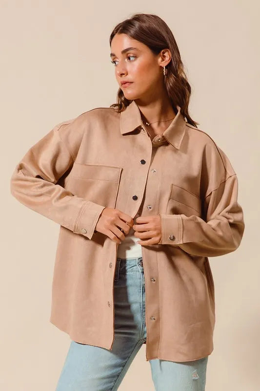 Image of SO ME Faux Sued Snap Shacket with Collar and Pockets | Queeble.shop