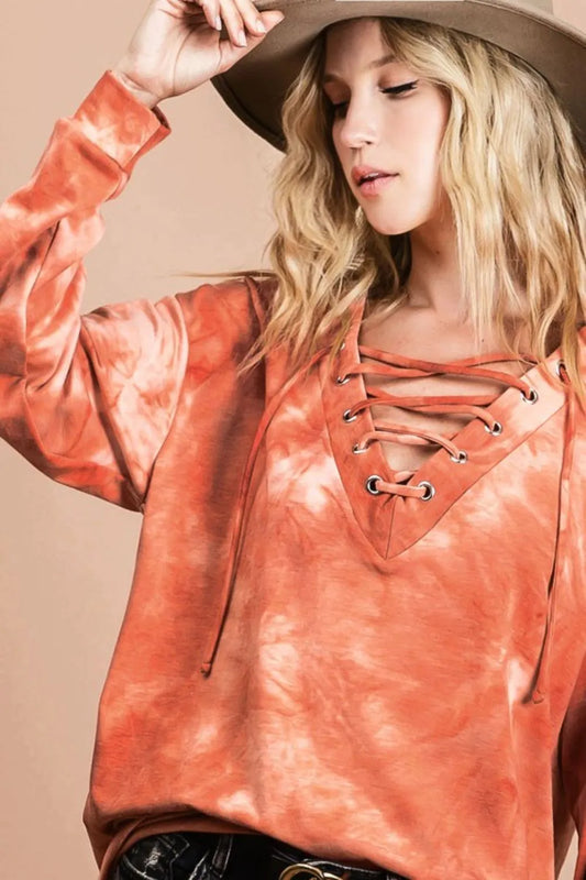 Image of BiBi Lace-Up Tie-Dye French Terry Long Sleeve Top | Queeble.shop