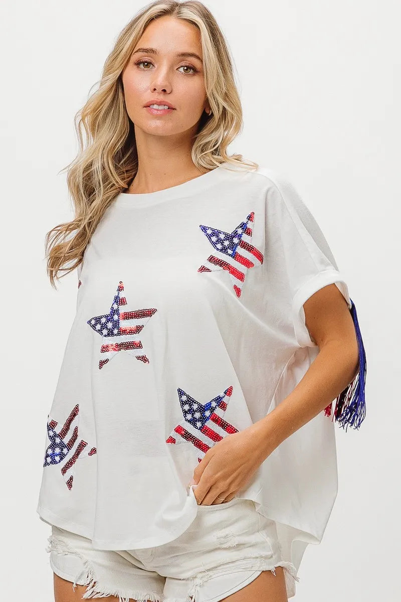 Image of BiBi American Flag Sequin Star Fringe Top | Queeble.shop