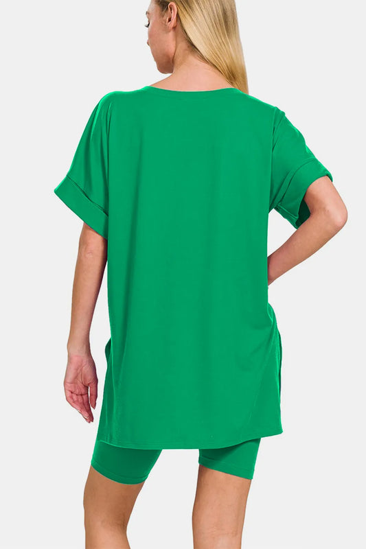 Image of Zenana V-Neck Short Sleeve T-Shirt and Biker Shorts Set | Queeble.shop