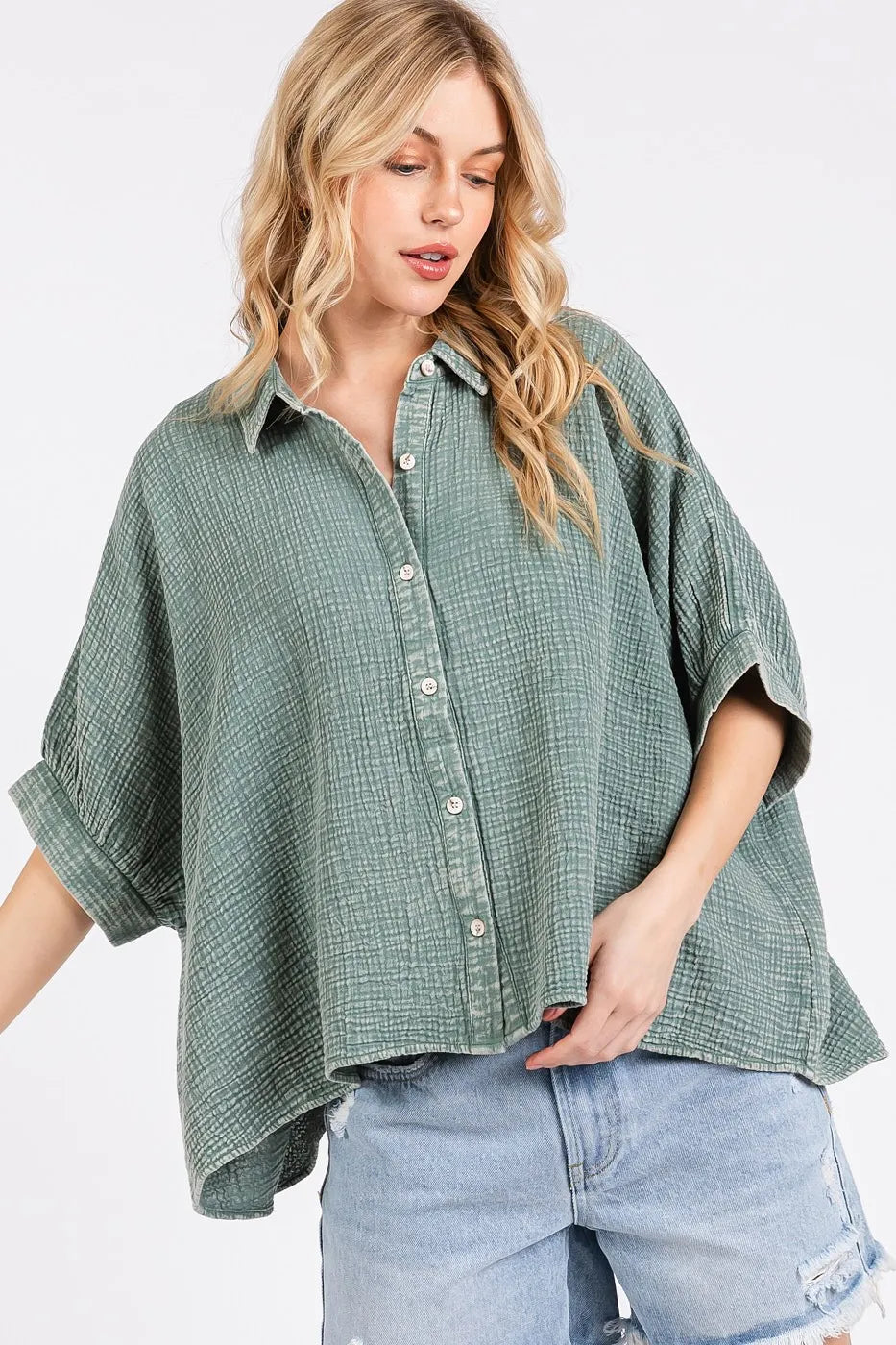 Image of Mittoshop Mineral Wash Gauze Dolman Sleeve Button Down Shirt | Queeble.shop
