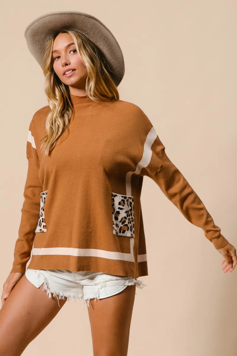 Image of BiBi Mock Neck Sweater with Leopard Pocket | Queeble.shop