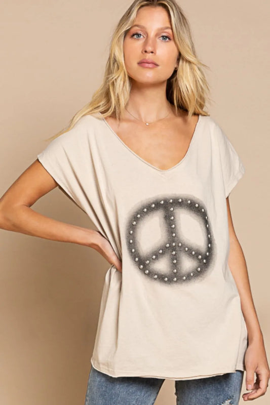 Image of POL Peace Sign Studded V-Neck T-Shirt | Queeble.shop